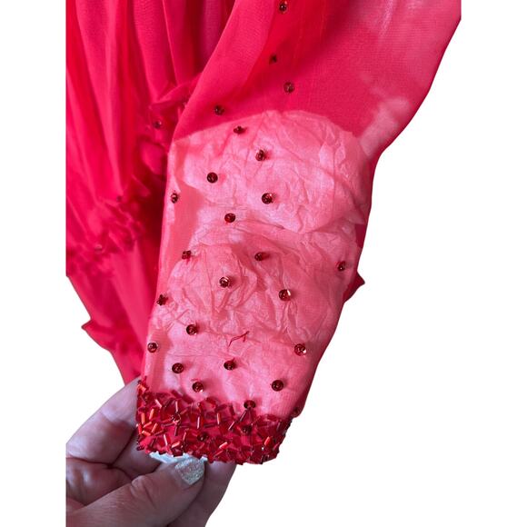 Vintage Red Ruffle & Crystal Embellished Long Sheer Dress Size Small - Picture 3 of 6